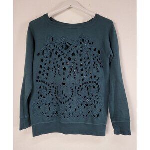 Dries Van Noten Teal Cotton Embroidered Cutout Lace Sweatshirt Womens Small